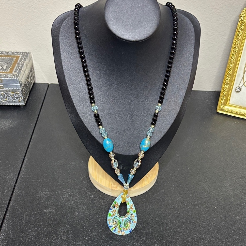 Glass Dichroic Pendant Beaded Long Vintage Necklace